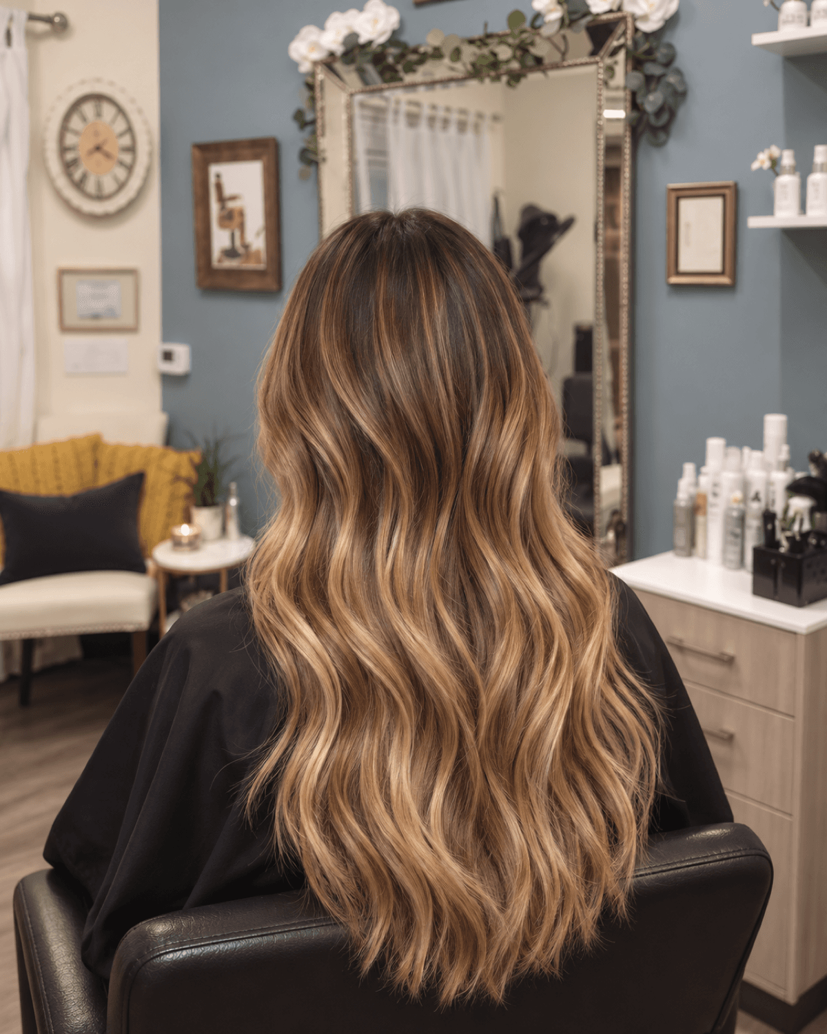 Hand-painting balayage color throughout a full section of hair on a balayage board