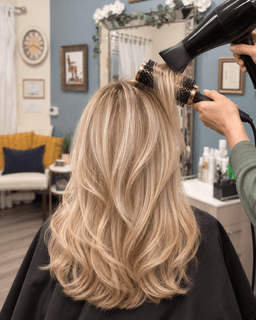 Stylist blow drying freshly highlighted hair at Metropolitan Hair Boutique