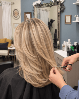 Stylist trimming freshly highlighted hair at Metropolitan Hair Boutique