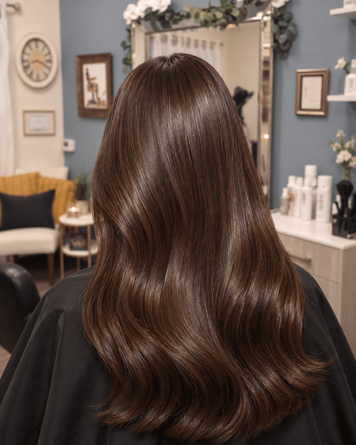 Clear glossing treatment being brushed through a section of hair