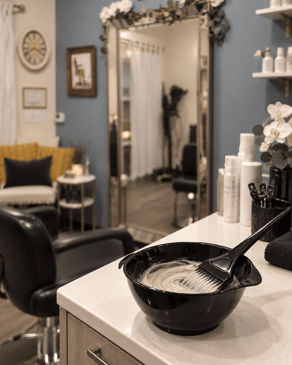 Gentle, low-odor color formula being mixed in a bowl on a clean salon counter
