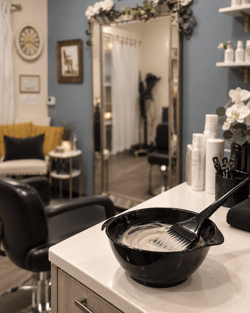 Hair color bowl and brush with soft lighting