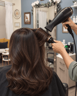 Stylist blow drying freshly colored hair at Metropolitan Hair Boutique