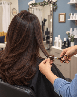 Stylist trimming freshly colored hair at Metropolitan Hair Boutique