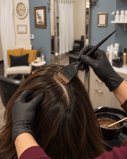 Stylist applying single process color to roots at Metropolitan Hair Boutique