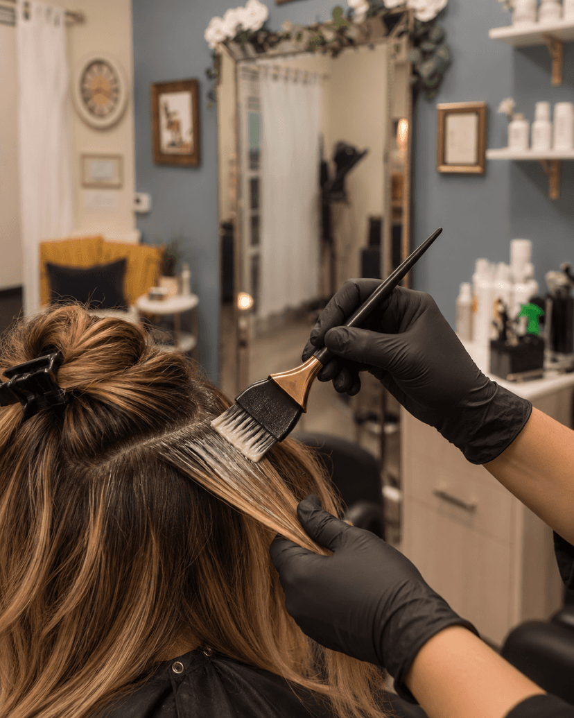 Hair color being applied with a tint brush