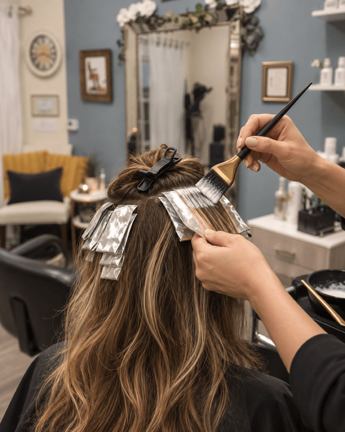 Foils being placed through the top section of hair near the crown