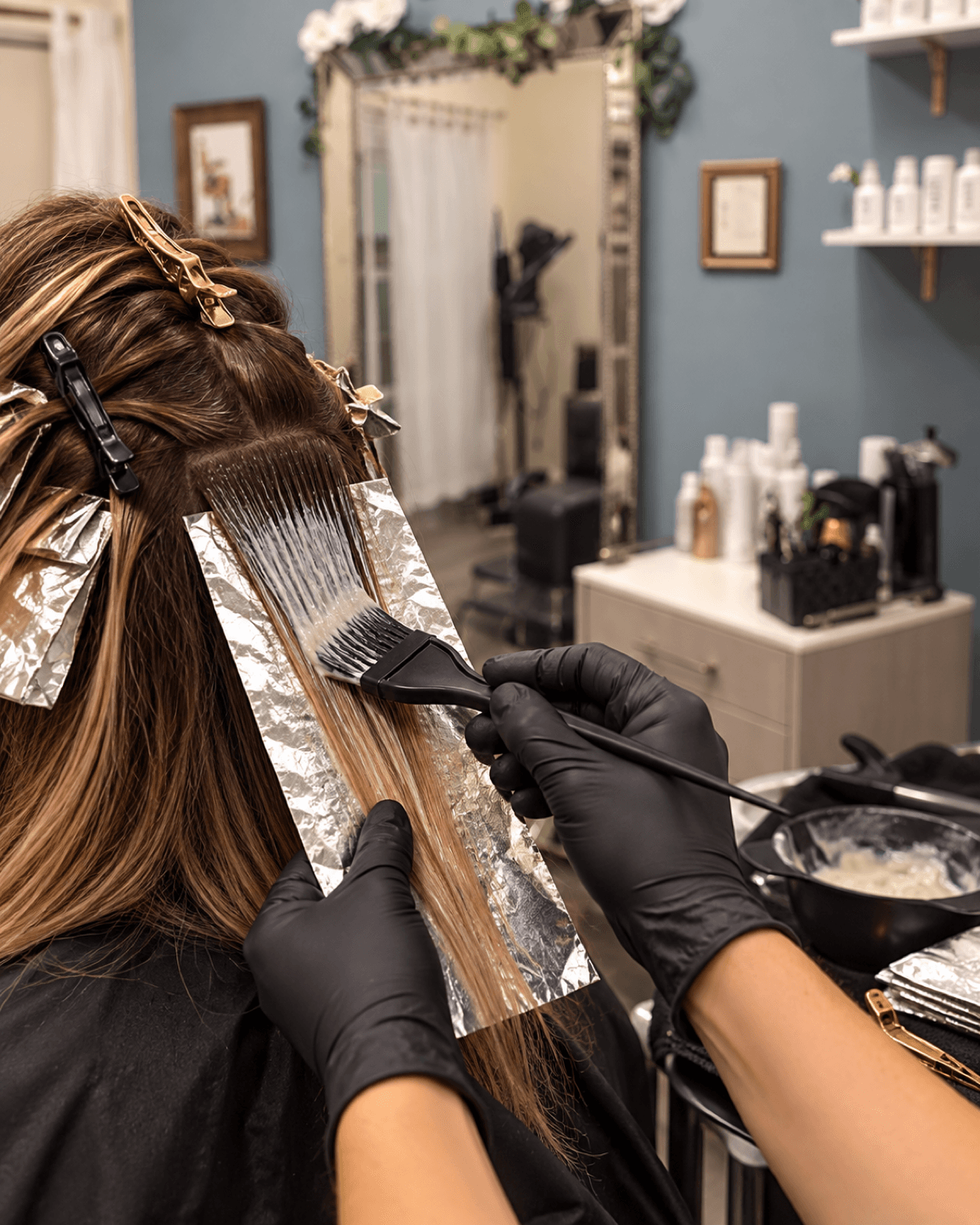 Stylist's hands applying color to foiled sections of hair