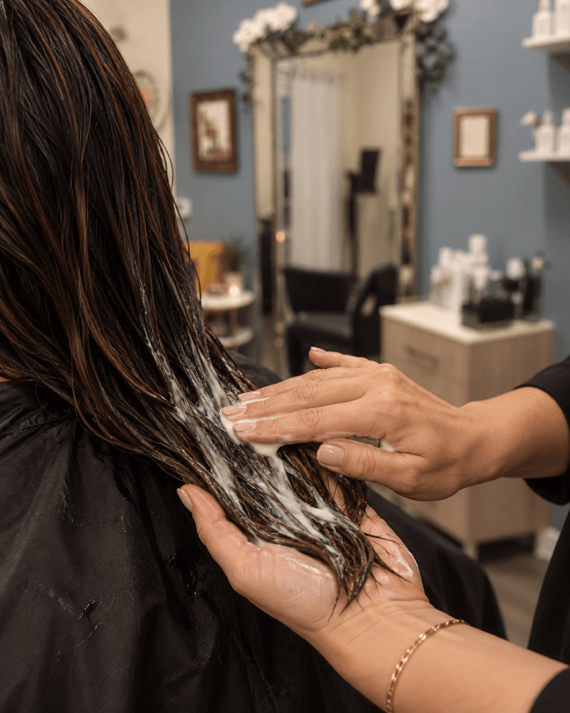 Deep conditioning treatment being worked through wet hair