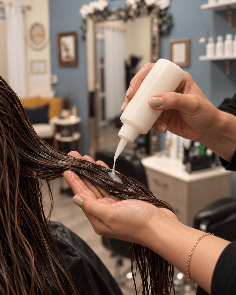 Bond-rebuilding treatment being applied to a section of hair
