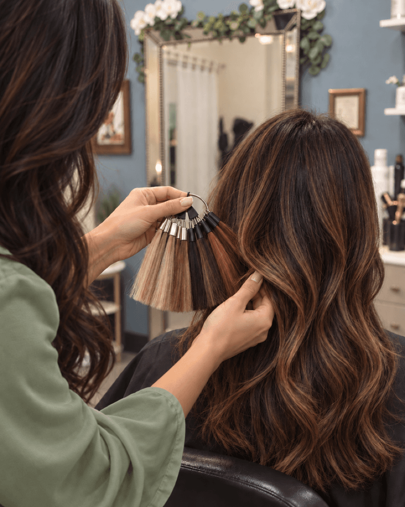 Stylist holding a color swatch ring against a client's hair to compare tones