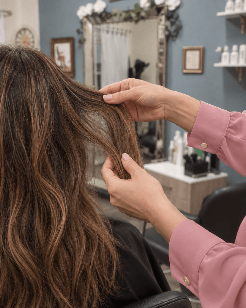 Stylist examining a section of a client's hair to assess texture and condition