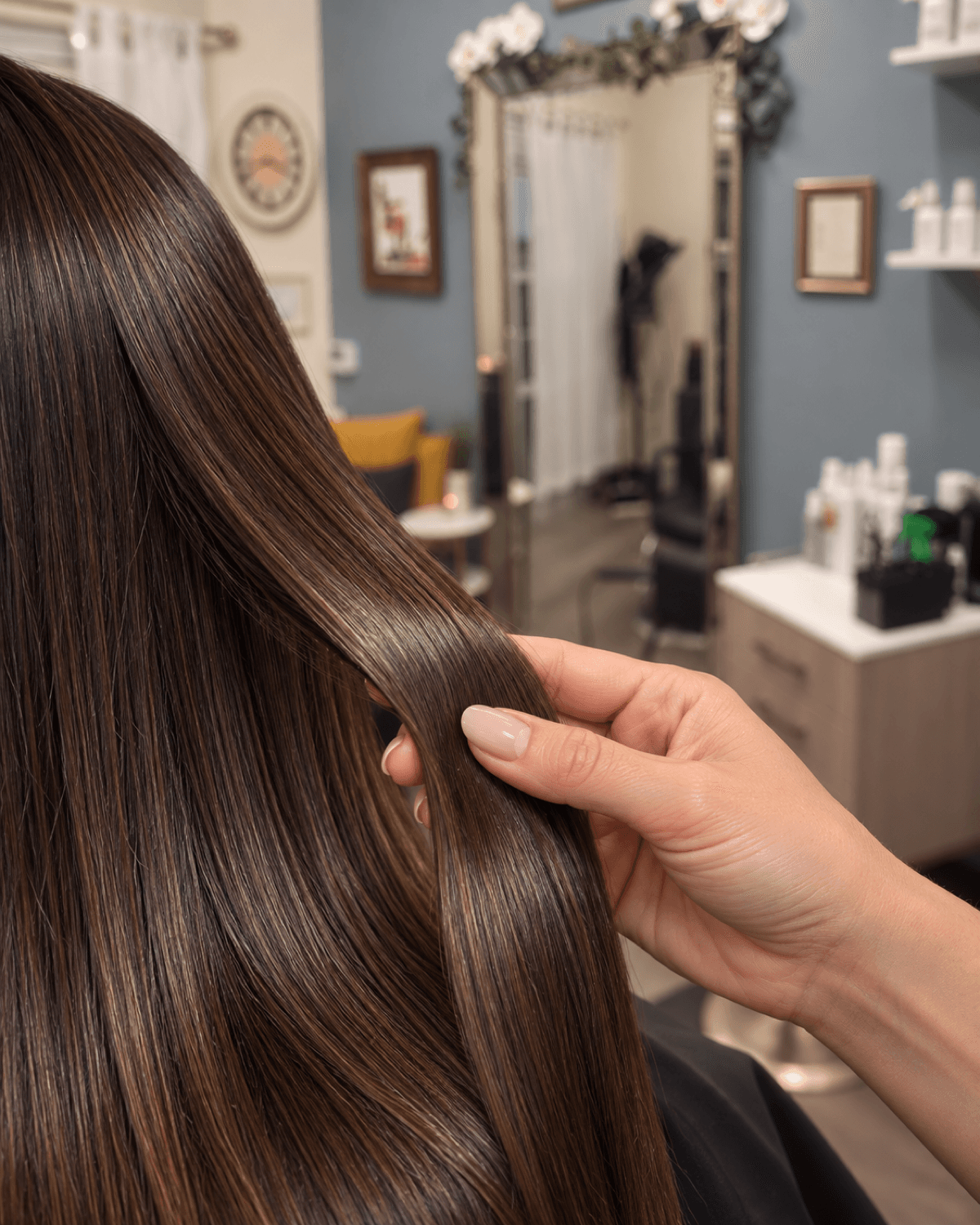 Smoothing and conditioning treatment being applied through a section of hair