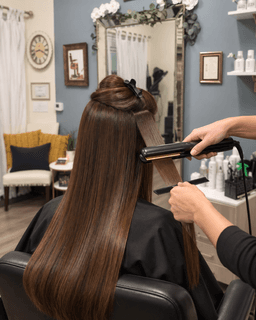 Keratin smoothing treatment being brushed through a full section of hair at Metropolitan Hair Boutique