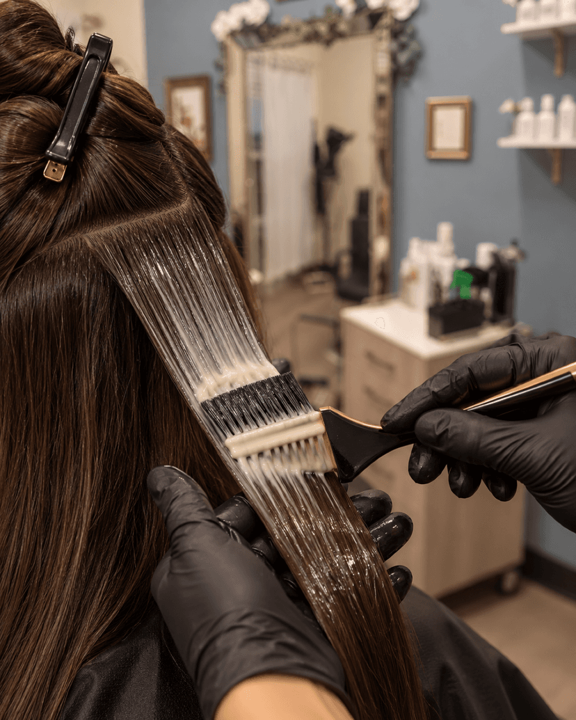 Clear keratin treatment being brushed through a section of hair