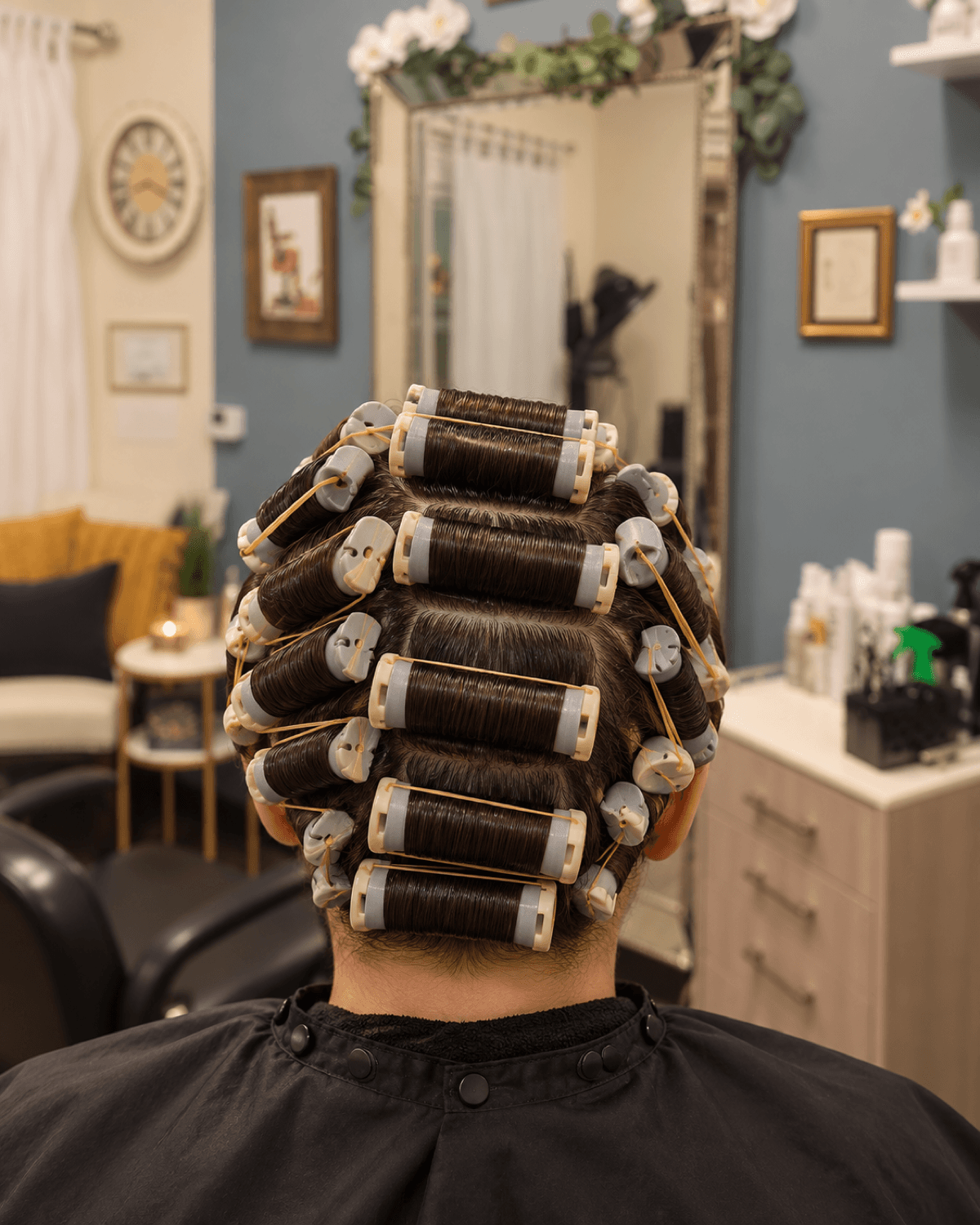Hair being wound onto perm rods section by section