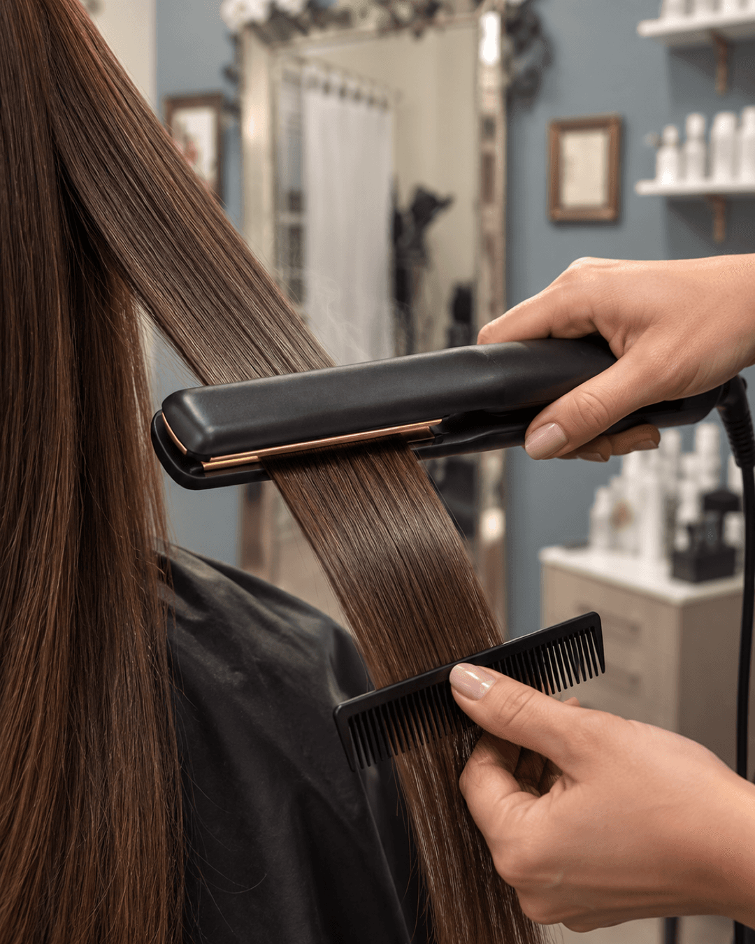 Flat iron smoothing a section of hair as part of a retexturing treatment