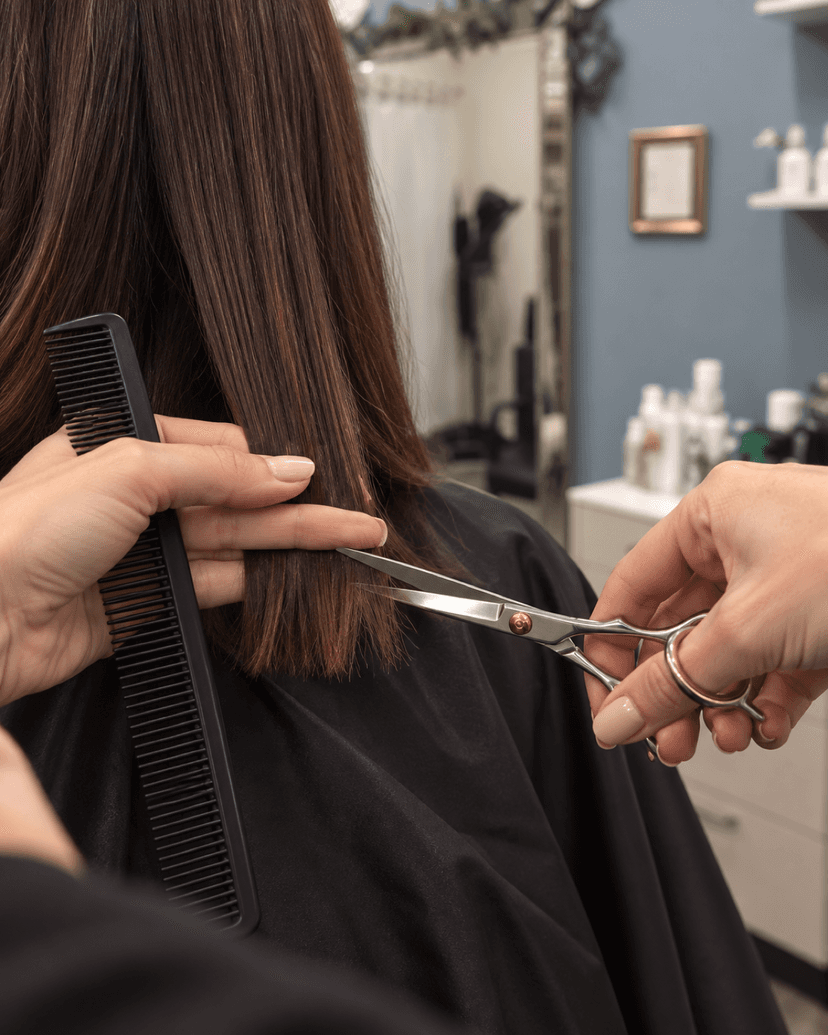 Stylist's hands trimming the ends of a client's hair with shears