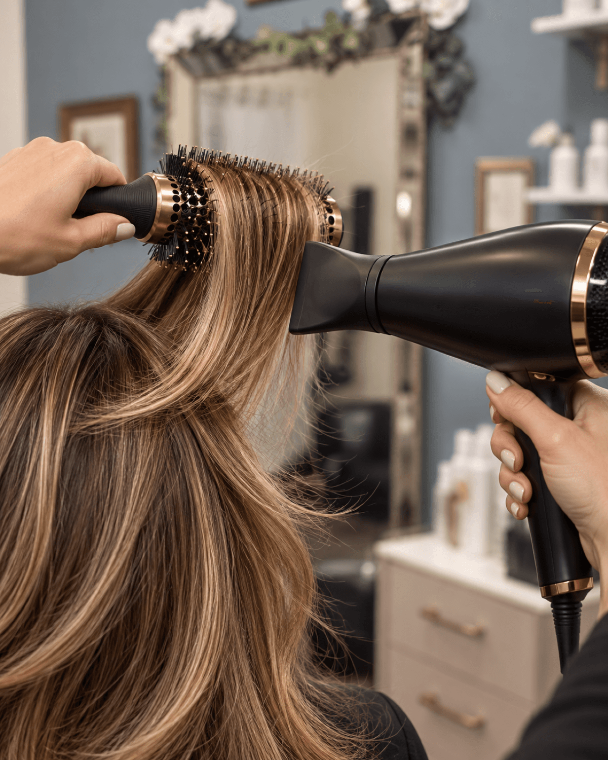 Round brush lifting a section of hair mid-blowout under a blow dryer