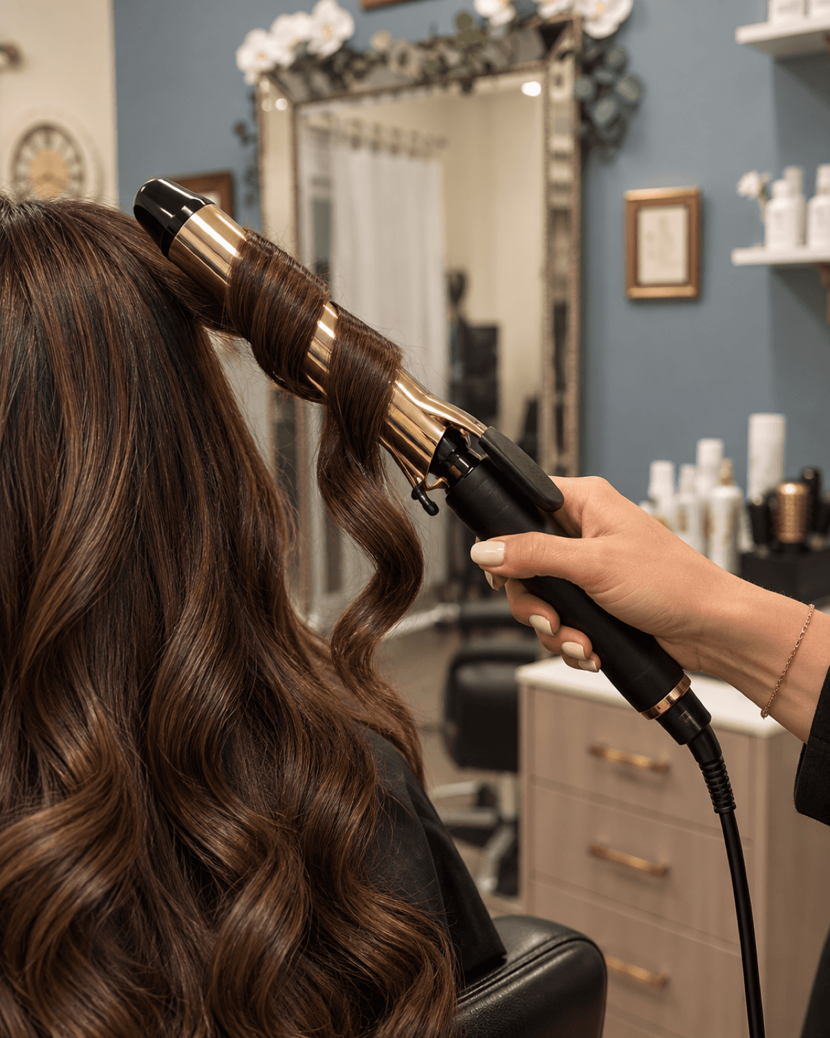 Curling iron wrapping a section of hair to create a soft wave