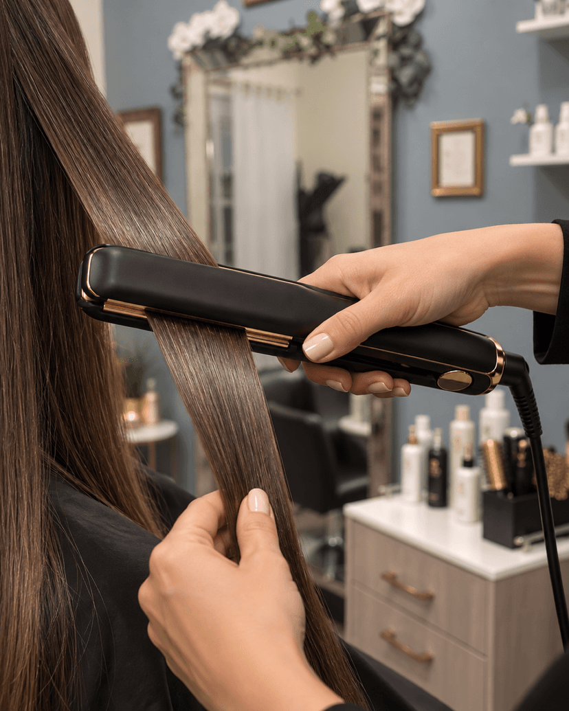 Flat iron smoothing a section of hair to a sleek, straight finish