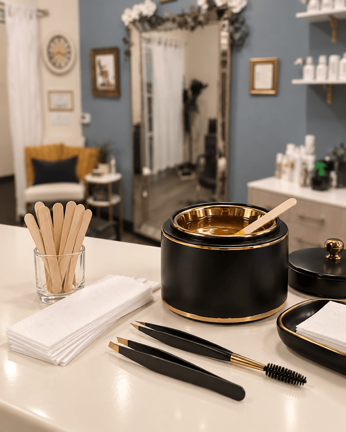 Close-up of brow waxing tools including a small spatula and warm wax