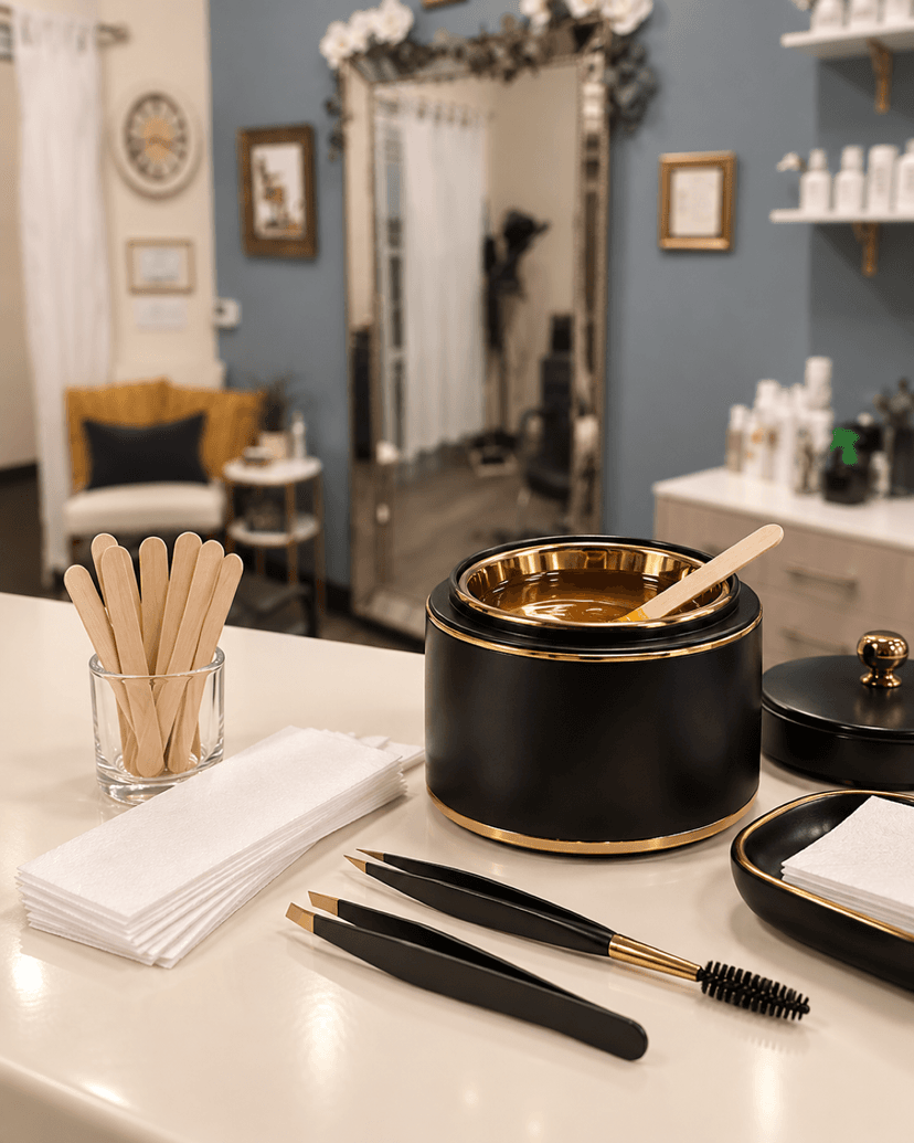 Wax warmer with tweezers and a spoolie brush set out for a brow wax