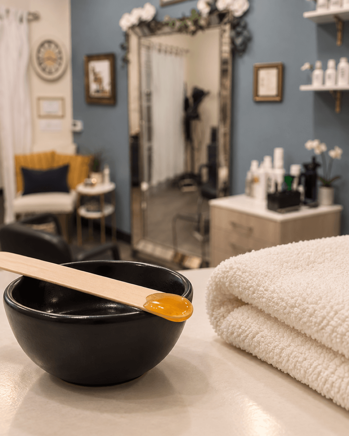 Small wax applicator and clean towel set out on a salon counter