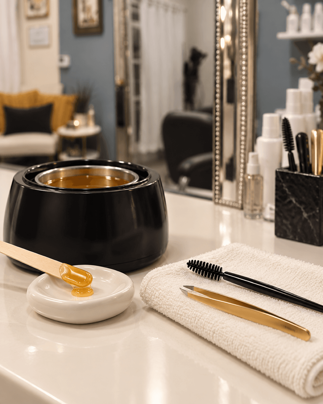 Brow waxing tools arranged on a salon counter