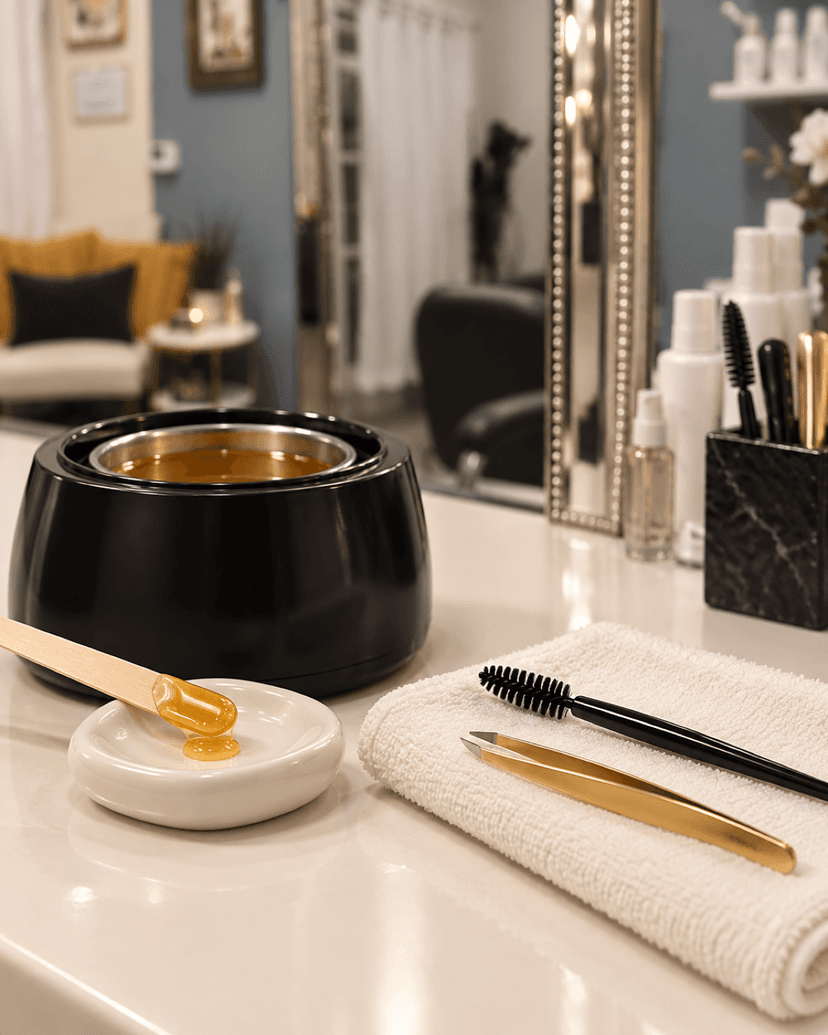 Brow waxing tools arranged on a salon counter